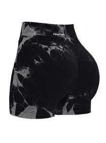 PinkTip Women's Summer Tie-Dye Print Cycling Shorts, Suitable For Running, Yoga - Black and White - View 1