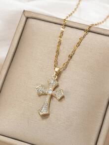 1pc Luxury Copper Zirconia Cross Pendant Necklace For Women - Gold - View 5