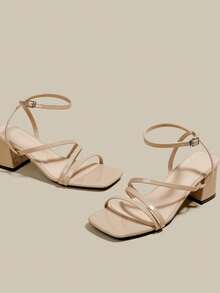 女式杏色高跟凉鞋，交叉露趾系带粗跟凉鞋，夏季鞋 - 杏色 - 查看 4