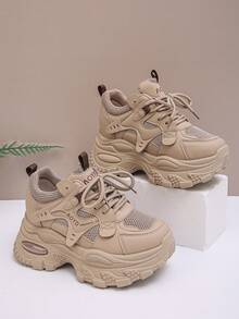 2025 New Petite Women's Platform Sneakers, White Lace-Up Casual Athletic Shoes, Thick Sole Wedge Heels, Versatile - Brown - View 7