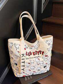 Sanrio 1pc Hello Kitty Canvas Bag For Women, Large Capacity Single Shoulder Handbag, Cartoon Cute Commuter Bag, Fashionable And Versatile Shopping Bag, Student Commuter Bag, Large Capacity Mommy Bag, Lightweight Single Shoulder Bag
