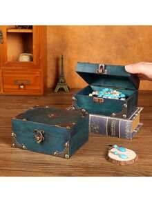 1pc Vintage European Style Wooden Square Jewelry Box, Storage Container, Craft Decor, Desktop Organizer, Trinket Box, Gift Box For Christmas And Holidays - Dark Grey - View 4