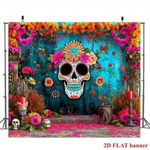 2D Flat Mexican Sugar Skull Photography Backdrop Banner, Suitable For Mexican Carnival Decoration, May Day Decoration, Party Decoration, Home Decor, Indoor & Outdoor Decoration, Holiday Decoration Party Banner, Happy Halloween Photo Booth Background, Horror Pumpkin, Ghost & Bat Pattern - Multipurpose Party & Event Decoration, Polyester, No Power Needed, Ideal For Halloween Decoration