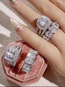2pcs/Set Set Rings For Women White Cubic Zirconia Rings Gorgeous Wedding Accessories Eternity Jewelry - Ring Set - View 1