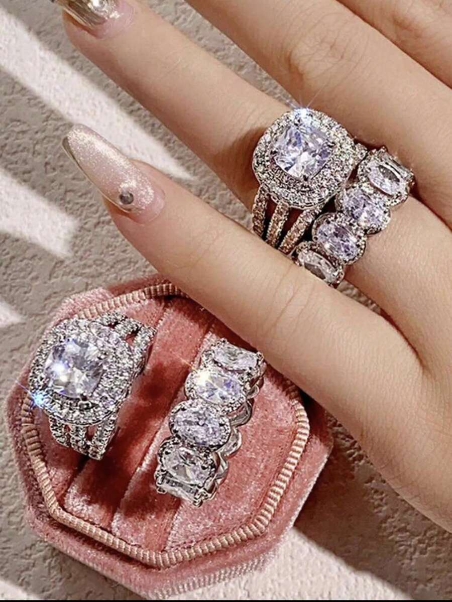 2pcs/Set Set Rings For Women White Cubic Zirconia Rings Gorgeous Wedding Accessories Eternity Jewelry - Ring Set - View 1