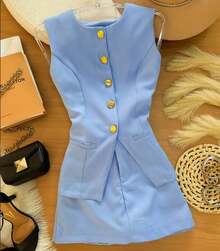 Women's Vest + Shorts Set With Tailored Skirt In Serenity Blue | Modern Elegance With Gold Buttons - Celeste - Ver 5