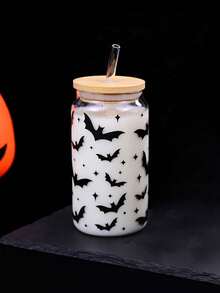 1pc Cute Halloween Glass Cup With Bamboo Lid & Reusable Straw - 500ml Jar Design, Bat, Spider, Ghost & Floral Decor, Suitable For Beer, Juice, Iced Coffee - Halloween Party Decor & Summer Beverage Container, Fun Drinking Glass, Bat Pattern, Durable Glass, Themed Glass Cup, Trick Or Treat
