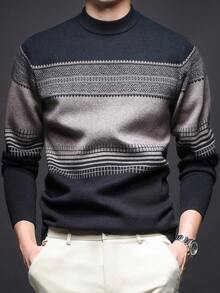 男士厚圆领毛衣，商务休闲提花针织长袖套头衫，适合分层穿着或外套，秋冬 - 黑色 - 查看 1