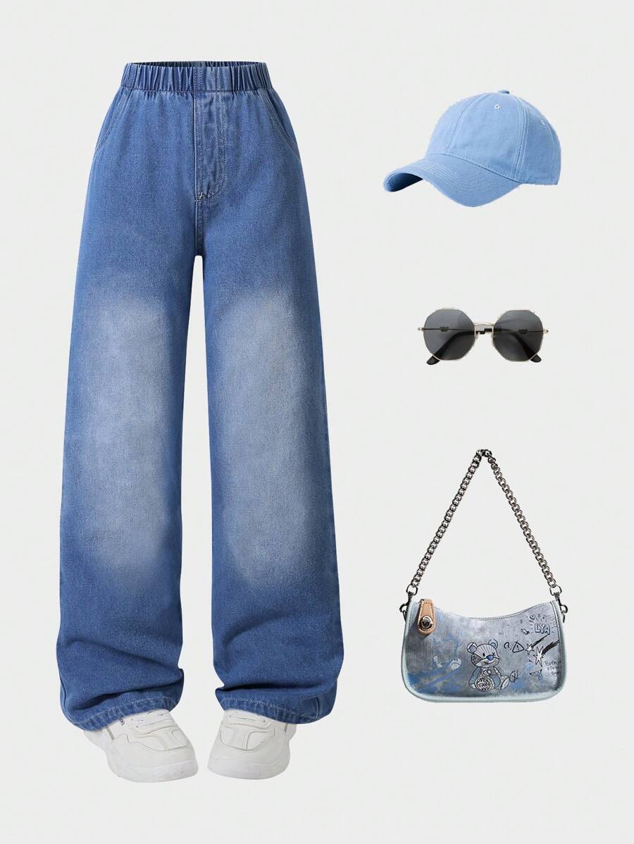 Casual Straight-Leg Washed Blue Jeans For Tween Girls Comfortable Daily Wear, Autumn/Winter