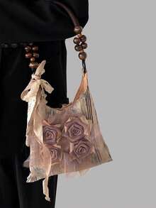 Bolsa de ombro plissada estilo chinês vintage com flor de rosa Batik e axilas, bolsa de ombro grande para passeios diários - Damasco - Ver 5