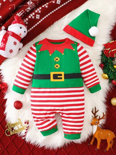 圣诞精灵条纹拼接连体衣+圣诞帽两件套，适合秋冬季婴儿穿着