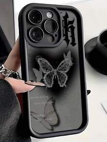 1 pieza Funda de teléfono a prueba de golpes con gráfico de mariposa inglesa negra de cobertura total de TPU, compatible con iPhone 16, 15, 14, 13, 12, 11 Pro Max y Series, resistente al agua y a los arañazos
