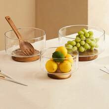 1 bát thủy tinh đựng salad tiện dụng có đế gỗ, bát đựng đồ tráng miệng phong cách Bắc Âu sáng tạo, thiết kế nhà tối giản và thời trang, thích hợp đựng salad, đồ ăn nhẹ, các loại hạt - không họa tiết, đĩa đựng trái cây trên mặt bàn bếp, đĩa đựng salad và đồ ăn nhẹ tròn, thích hợp cho gia đình và nhà hàng, đồ dùng trên bàn ăn thiết yếu cho lễ Halloween và Giáng sinh - Nhiều màu - Xem 1