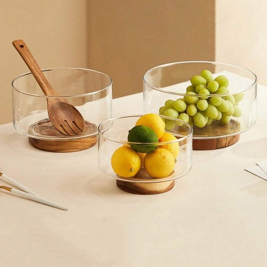 1 bát thủy tinh đựng salad tiện dụng có đế gỗ, bát đựng đồ tráng miệng phong cách Bắc Âu sáng tạo, thiết kế nhà tối giản và thời trang, thích hợp đựng salad, đồ ăn nhẹ, các loại hạt - không họa tiết, đĩa đựng trái cây trên mặt bàn bếp, đĩa đựng salad và đồ ăn nhẹ tròn, thích hợp cho gia đình và nhà hàng, đồ dùng trên bàn ăn thiết yếu cho lễ Halloween và Giáng sinh - Nhiều màu - Xem 1