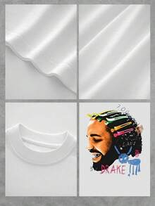 Camiseta de mujer con estampado de retrato abstracto, vibrante, con pinzas de pelo de colores y diseño de animales de dibujos animados, estilo casual artístico, tela de algodón suave, ajuste cómodo. - Blanco - Ver 4