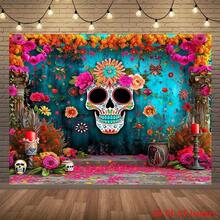 2D Flat Mexican Sugar Skull Photography Backdrop Banner, Suitable For Mexican Carnival Decoration, May Day Decoration, Party Decoration, Home Decor, Indoor & Outdoor Decoration, Holiday Decoration Party Banner, Happy Halloween Photo Booth Background, Horror Pumpkin, Ghost & Bat Pattern - Multipurpose Party & Event Decoration, Polyester, No Power Needed, Ideal For Halloween Decoration