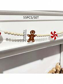 55 Pieces/Set Christmas Gingerbread Man Banner, Gingerbread Man Candy Wooden Bead Garland, Christmas Gingerbread Man Decoration Banner, Fireplace Christmas Decoration Garland, Suitable For Hanging In Courtyards, Gardens, And Pull Flags For Christmas And New Year Parties.