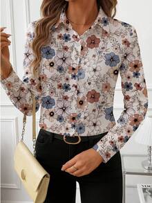 全新时尚优质女士长袖纽扣衬衫，花卉和叶子印花，正面纽扣开合 - 杏色 - 查看 4