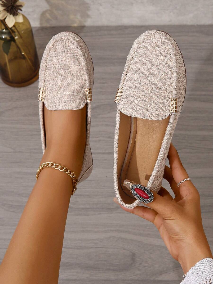 女士平底乐福鞋新款便士鞋女低帮驾车鞋平底妈妈鞋大码绒面革休闲鞋，秋季 - 米色 - 查看 1