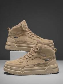 男士纯色卡其色拼布字母装饰休闲运动鞋，小众设计前系带高帮滑板鞋，舒适情侣运动鞋 - 卡其色 - 查看 5