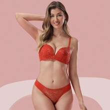 Z&D Lingerie Set Without Underwire Lace Detail Panties Lace Front Thong 8097 - 紅色 - 查看 3