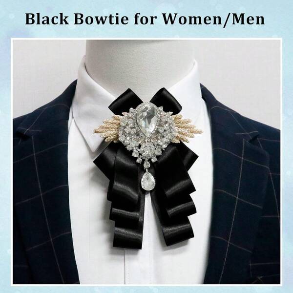 Elegant Rhinestone Crystal Bow Tie – Glamorous Ribbon Necktie For Women & Men, Wedding & Party Formal Accessory (Silver/Black)