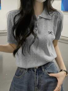 夏季韩版高领粗针织蝴蝶刺绣短袖上衣 - 灰色 - 查看 2