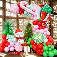 127 piezas Kit de arco de guirnalda de globos navideños, globos rosas, verdes y rojos, globo de foil de Papá Noel y bastón de caramelo para decoración de fiesta de cumpleaños y Navidad