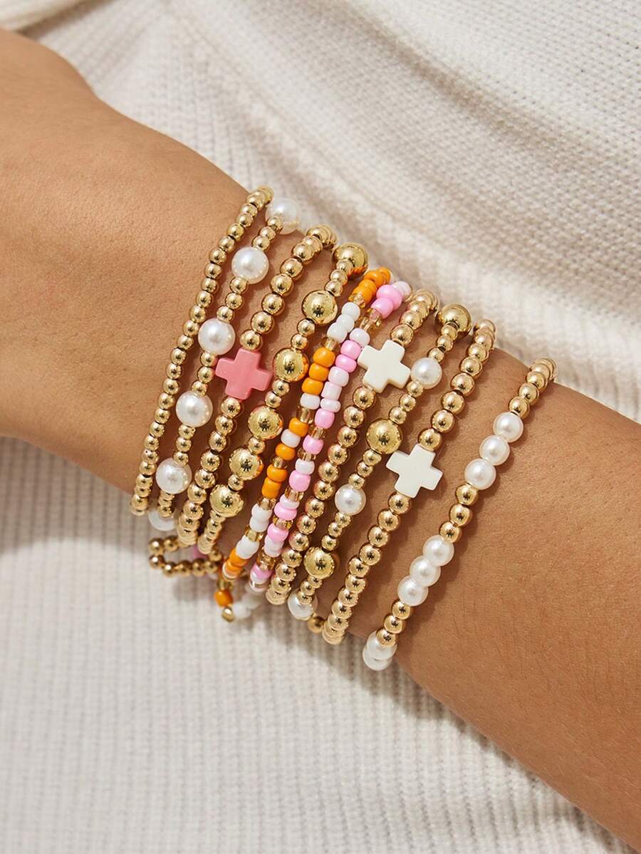 Bộ 10 vòng tay kiểu cổ điển làm từ hạt CCB và ngọc trai giả, vòng tay co giãn đính đá hình thánh giá, thích hợp cho nữ giới đeo hàng ngày và trong các dịp lễ, quà tặng trang sức (Thứ tự màu hạt có thể khác nhau). - Vàng hồng - Xem 1