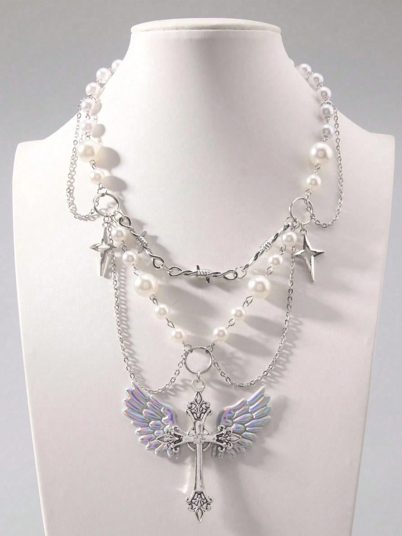 1 pezzo Collana vintage con ciondolo a croce con strass e ali d'angelo, stile punk a doppio strato, collana choker elegante, adatta per Ognissanti