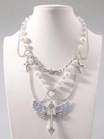 1 件复古哥特式 Y2K 天使翅膀水钻十字架吊坠项链，双层甜美朋克风格颈链，高端女士项链，适合万圣节