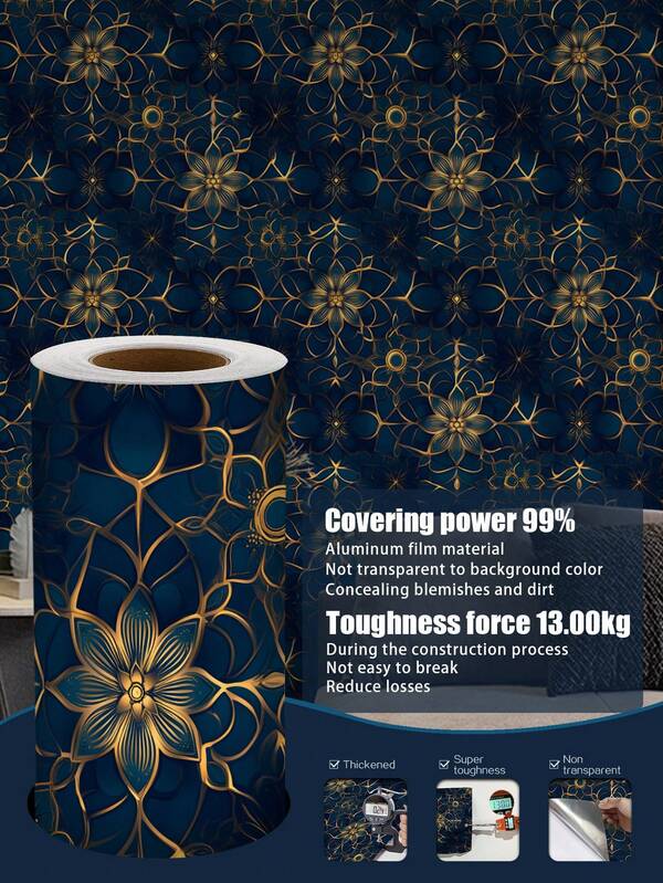 1 Rollo (1m/3m/5m) Papel tapiz extraíble y autoadhesivo con estilo bohemio vintage azul y dorado con diseño floral, papel de contacto de vinilo para decoración del hogar DIY, fondo de habitación, dormitorio, cocina, sala de estar, baño, gabinete, renovación de muebles