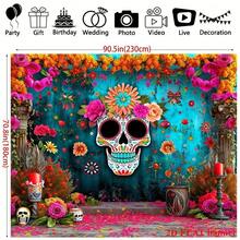 2D Flat Mexican Sugar Skull Photography Backdrop Banner, Suitable For Mexican Carnival Decoration, May Day Decoration, Party Decoration, Home Decor, Indoor & Outdoor Decoration, Holiday Decoration Party Banner, Happy Halloween Photo Booth Background, Horror Pumpkin, Ghost & Bat Pattern - Multipurpose Party & Event Decoration, Polyester, No Power Needed, Ideal For Halloween Decoration