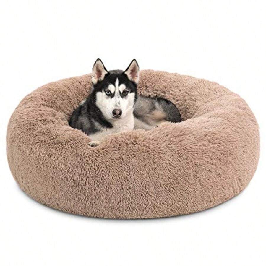 Calming Dog Beds Large Sized Dog Donut Washable Large Pet Bed 36 Inches AntiSlip Round Fluffy Plush Faux Fur Dogs Bed Fits Up To 80 Lbs Pets Camel - 36Lx36Wx10Th - View 1