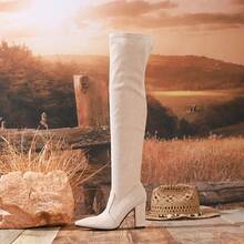 Szpiczaste botki na grubym obcasie dla kobiet, wysokie kozaki za kolano z cholewką, elastyczne, dopasowane, wysokie buty na jesień/zimę