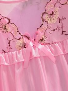 Three-Piece Women's V-Neck Lace Nightgown, Loose Short-Sleeved Ruffled Solid Color Pajamas, Plain Flower Embroidery Contrast Mesh. - 粉紅色+紫色+玫紅色 - 查看 4