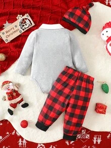 3pcs Christmas Baby Plaid Suspender Santa Claus Embroidered 2 In 1 Long Sleeve Bodysuit+ Red Plaid Pants + Hat Set