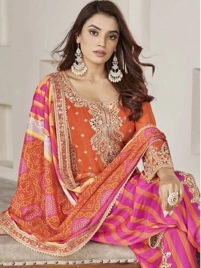 Designer Wedding Festive Wear Punjabi Style Dhoti Salwar Suit Premium Chinnon For Women & Girls