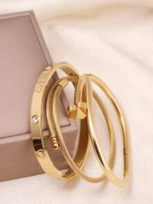 3 件时尚不锈钢高品质花朵锆石女士指甲手镯首饰套装，适合日常佩戴 - 金色 - 查看 3