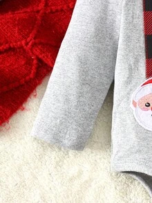 3pcs Christmas Baby Plaid Suspender Santa Claus Embroidered 2 In 1 Long Sleeve Bodysuit+ Red Plaid Pants + Hat Set