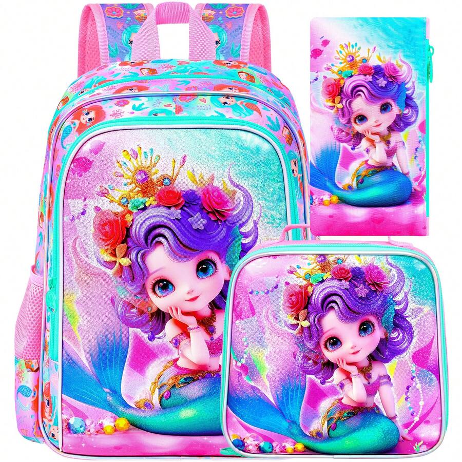 3件套幼儿园女童背包，16英寸美人鱼背包和午餐盒，适合幼儿园小朋友 - 雙肩背包 - 查看 1