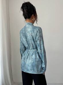 1pc Women's All-Over Print Button Front Pocket Belt Shirt, Everyday Wear, Spring/Autumn