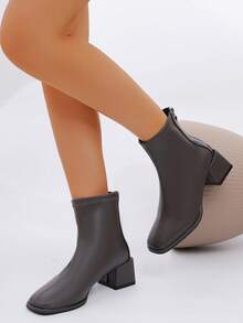 女士短靴，粗跟，高跟，白色细跟踝靴，法式风格 - 大地灰 - 查看 4