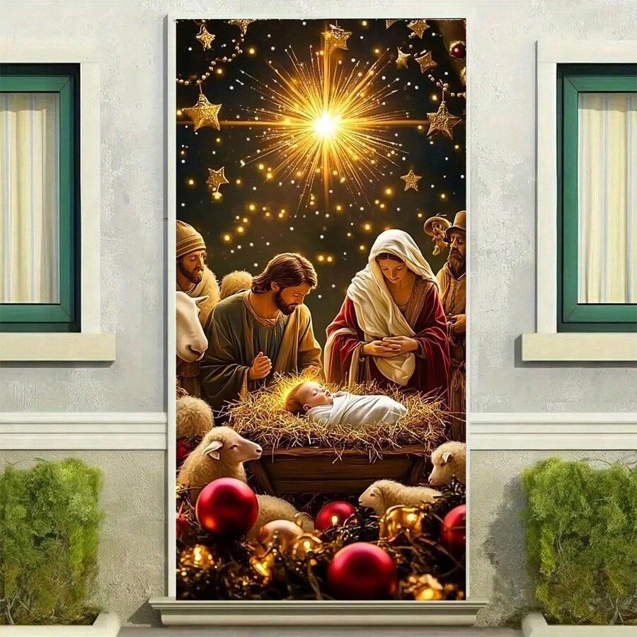 علم الباب ثنائي الأبعاد، 1 قطعة خلفية حفلة عيد الميلاد الشرقية لتغطية باب الترحيب - علم بوليستر لعيد الشكر والميلاد ورأس السنة والمناسبات الخاصة