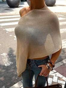 Women's Sheer Ponchos Off Shoulder Short Sleeve Solid Color T-Shirts Asymmetrical Knit Tops - 卡其色 - 查看 3