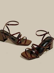 Women's Coffee Brown High Heel Sandals, Criss-Cross Open Toe Lace-Up Chunky Heel Strap Sandals, Summer Shoes