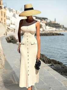 Spring/Summer Elegant Fashion Ladies Metal Buckle Decor Fitted Knit Midi Dress, Versatile Office Commuting - Apricot - View 9