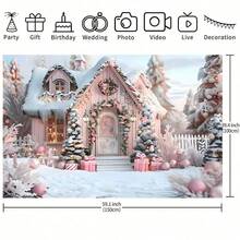 A Winter Wonderland Pink Cottage Backdrop, Perfect For Photography Backgrounds, Party Decorations, Christmas Photo Shoots, And Ideal For Home Garden, Cartoon, And Bedroom Decorations. - Multicolor - View 5