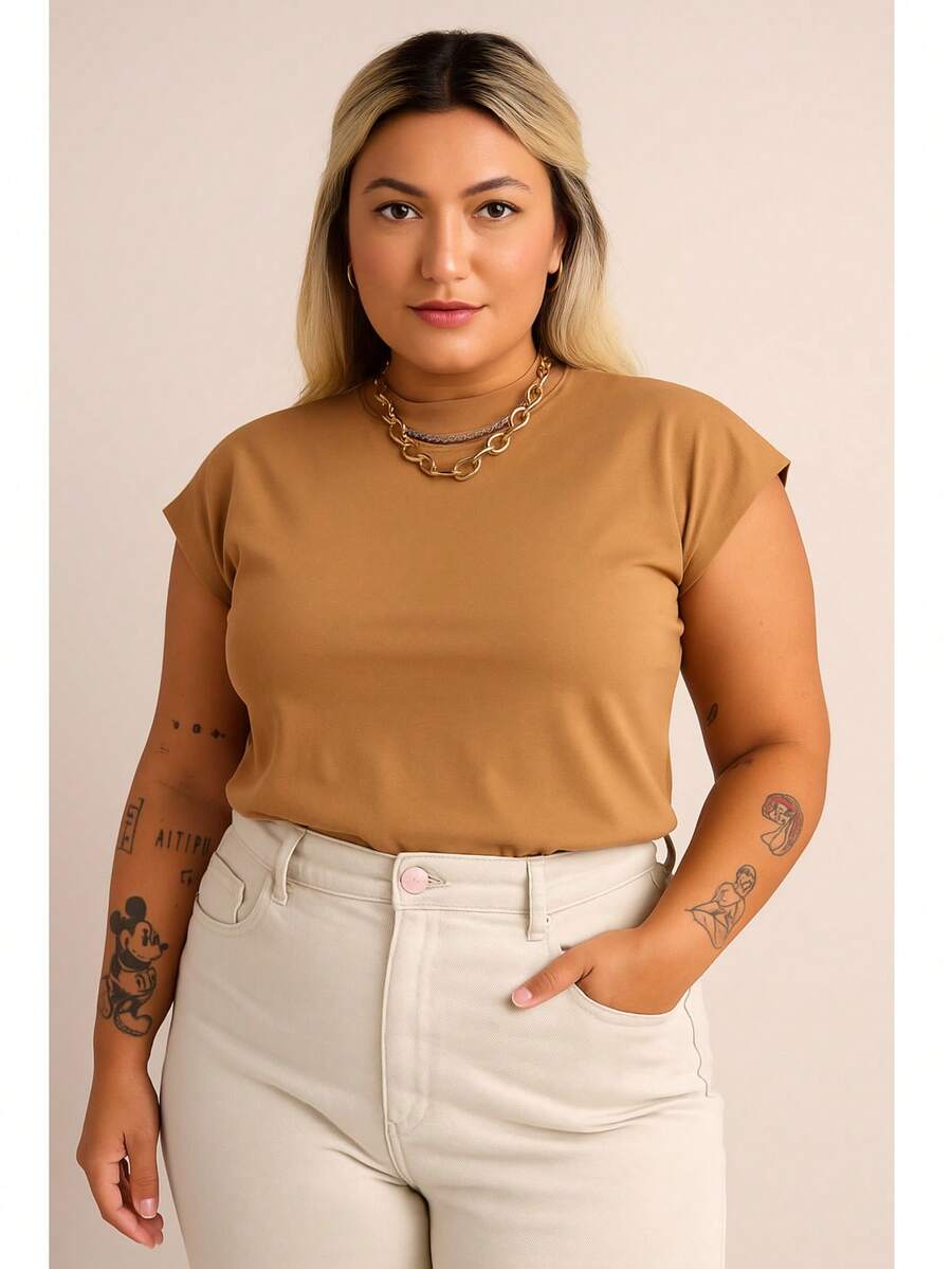 T-Shirt Muscletee Blouse Plus Size In Black Brown White Cotton Knitted Fabric Office Spring Summer - Beige - View 1