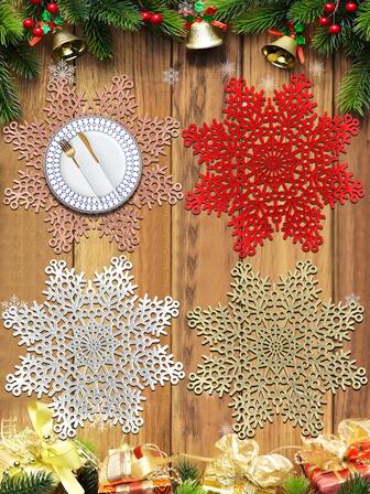 1/4/6 piezas Manteles individuales redondos con agujero de copo de nieve de PVC con lámina de oro, decoración navideña para hotel y restaurante, aislamiento térmico y antideslizante, adecuado para decoración de mesa de boda, fiesta de San Valentín, celebración de vacaciones, picnic, banquete de cumpleaños